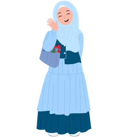 Happy Muslimah With Tote Bag  Illustration