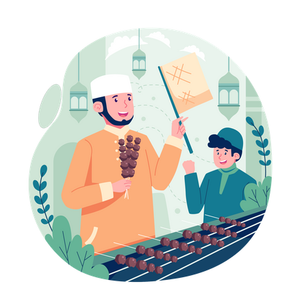 Happy muslims make satay during Eid al-Adha  Illustration