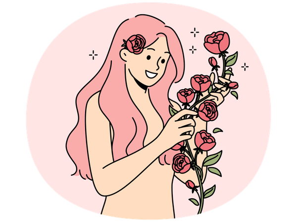Happy naked woman with roses in hands  Illustration