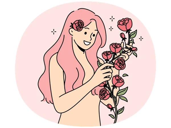 Happy naked woman with roses in hands  Illustration