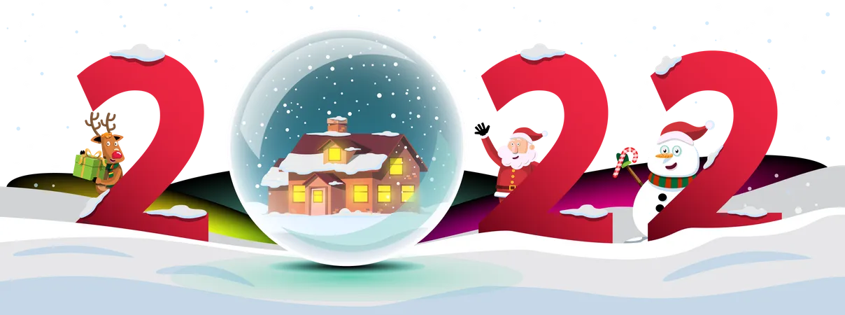 Happy New Year 2022 With A Snowy House Inside The Crystal Ball Merry Christmas Cutout Element For Holiday Cards Invitations Banner Poster And Website Celebration Decoration Illustration