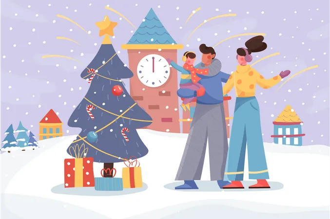 Happy New Year 2022 Banner Family Celebrates Holiday Near Christmas Tree In Winter City Background Seasonal Entertainment Poster Vector Illustration For Backdrop Or Placard In Flat Cartoon Design Illustration