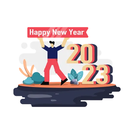 Happy New Year 2023 Flat Illustration Concept Of Man Celebrating New Year With Joy Suitable For Web And Mobile App Design Illustration