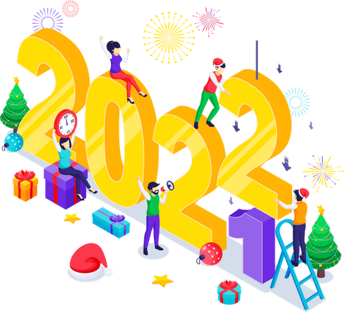 Happy New Year design concept. People celebrate the new year by changing the huge symbol number of years. Isometric Vector Illustration Illustration