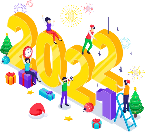 Happy New Year design concept. People celebrate the new year by changing the huge symbol number of years. Isometric Vector Illustration  Illustration