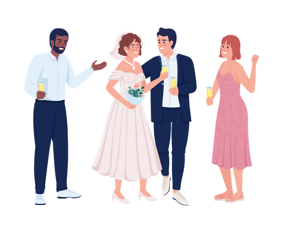 Happy newlyweds with friends Illustration