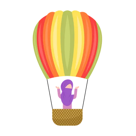 Happy niqab girl Riding Hot Air Balloon  Illustration