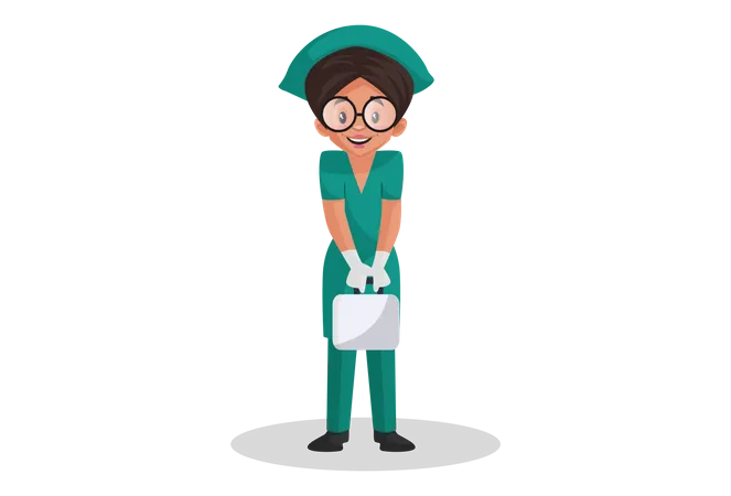 Happy Nurse holding medical kit in hands Illustration