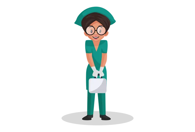 Happy Nurse holding medical kit in hands  Illustration