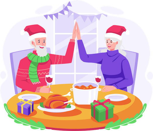 Happy Old Couple doing high five and celebrating Christmas by having dinner together  Illustration