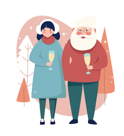 Happy old couple drinking champagne and celebrating event in snowy forest together  Illustration