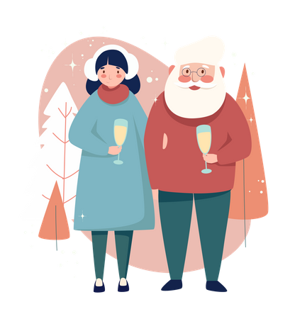 Happy old couple drinking champagne and celebrating event in snowy forest together  Illustration