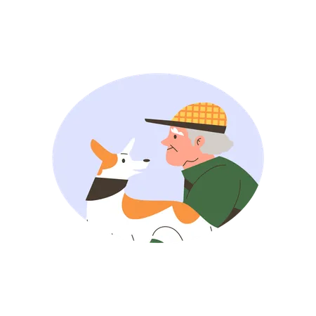 Happy old man and his dog  Illustration