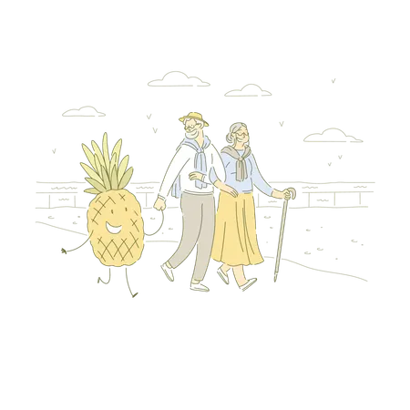 Happy Old Man And Woman On Walk Seniors Couple Holding Hands With Smiling Pineapple Vegetarian Food Banner Organic Nutrition Outdoor Stroll Concept Cartoon Sketch Flat Vector Illustration Illustration