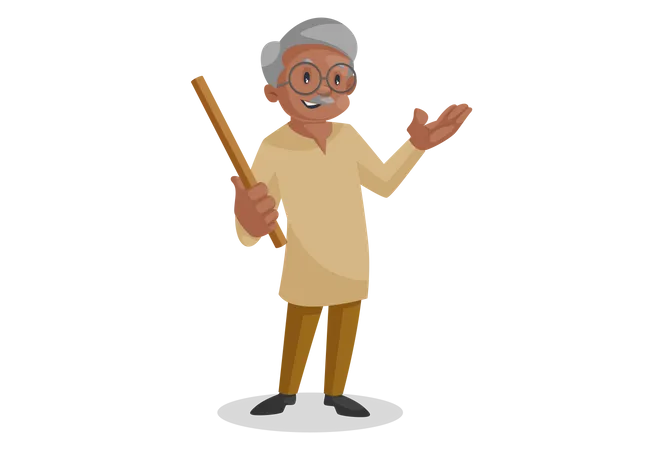 Happy Old man holding a stick in hand Illustration