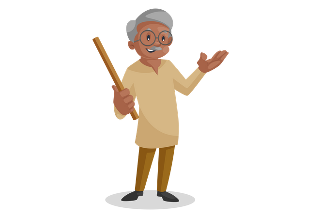 Happy Old man holding a stick in hand  Illustration