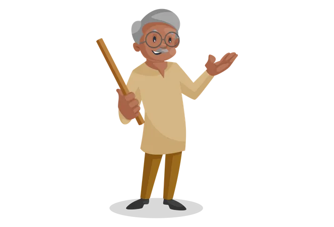 Happy Old man holding a stick in hand  Illustration