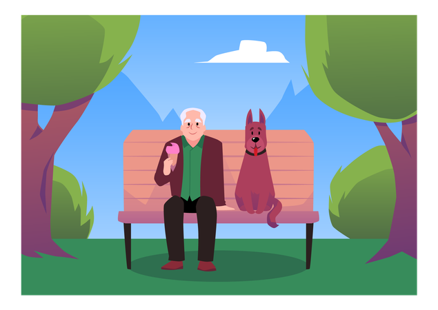 Happy old man holding ice cream and sitting on bench with dog pet  Illustration