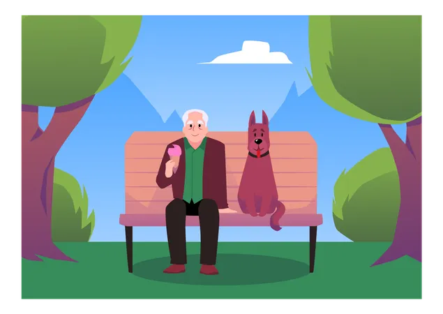 Happy old man holding ice cream and sitting on bench with dog pet  Illustration