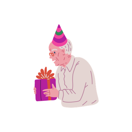 Happy old man in festive hat holds gift box  Illustration