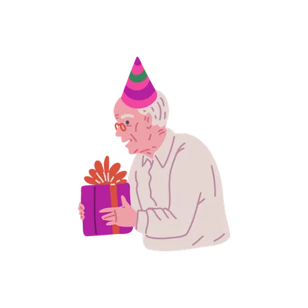 Happy old man in festive hat holds gift box  Illustration