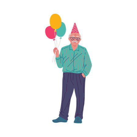 Happy old man in festive hat with balloons  Illustration