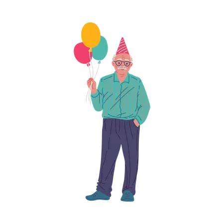 Happy old man in festive hat with balloons  Illustration