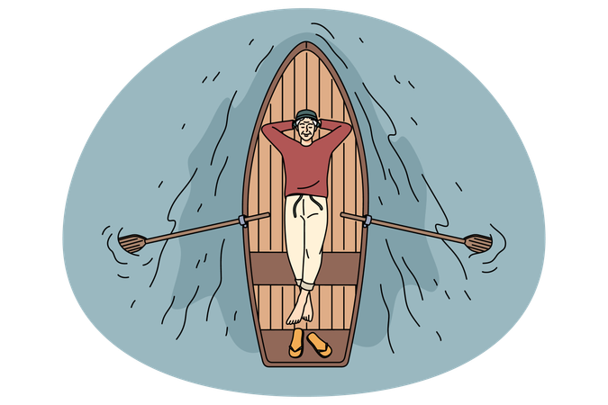Happy old man lying relaxing in boat floating on peaceful river  Illustration
