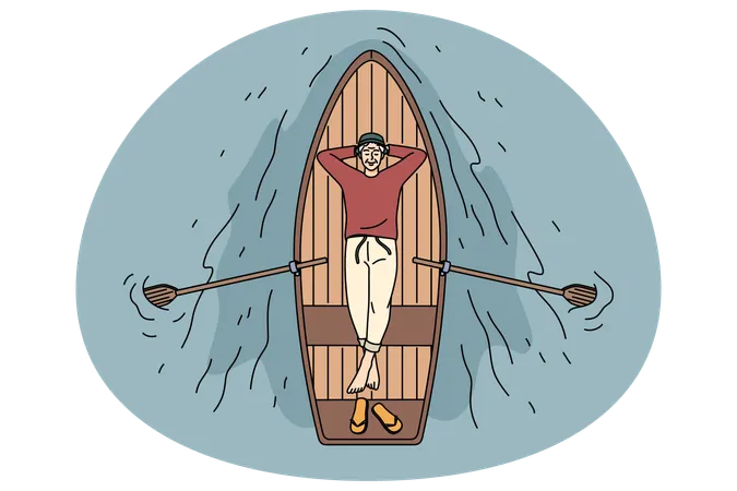 Happy old man lying relaxing in boat floating on peaceful river  Illustration