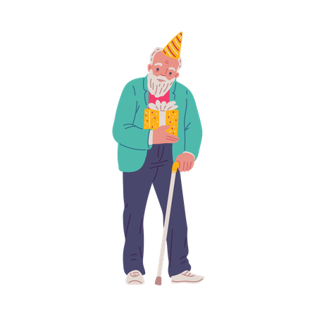 Happy old man with stick in festive hat holds gift box  Illustration
