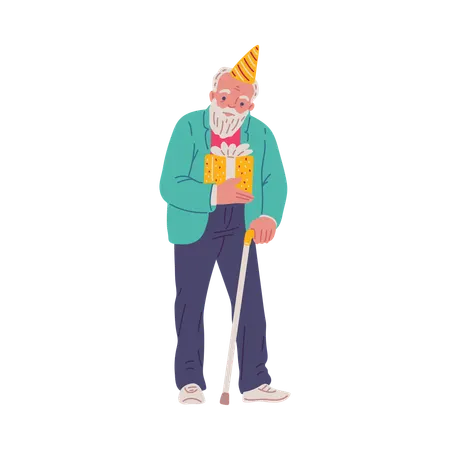 Happy old man with stick in festive hat holds gift box  Illustration