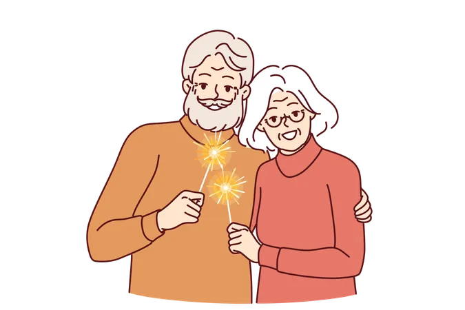 Happy Pensioners With Sparklers Symbolizing Christmas Stand In Embrace Together Celebrating Winter New Year Holidays Cheerful Gray Haired Man And Woman Using Sparklers At Festive Christmas Party Illustration