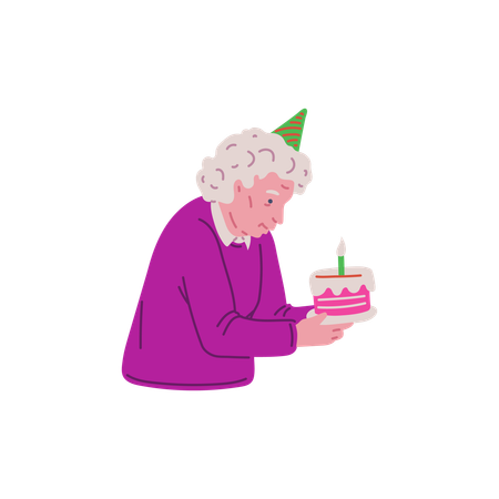 촛불이 켜진 생일 케이크를 들고 축제 모자를 쓴 행복한 노부인  일러스트레이션