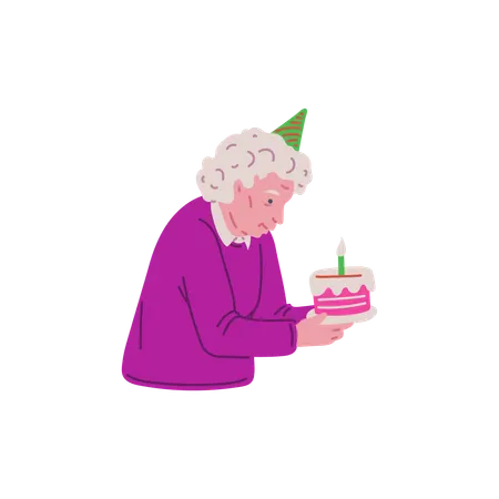 촛불이 켜진 생일 케이크를 들고 축제 모자를 쓴 행복한 노부인  일러스트레이션
