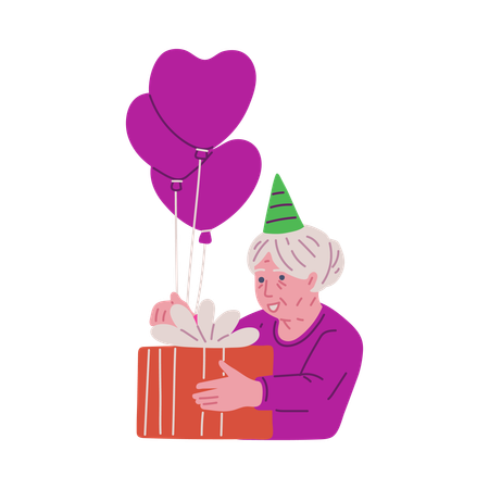Happy old woman in festive hat with gift box and balloon  Illustration