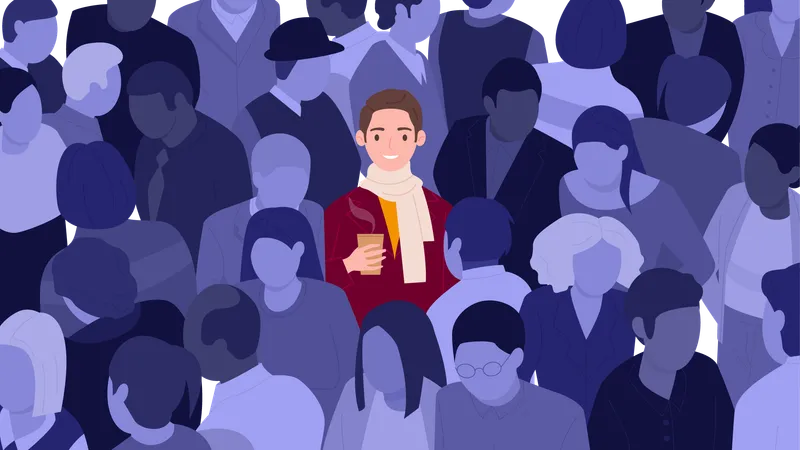Happy Man In Crowd Optimism Psychology And Mental Health Concept Vector Illustration Cartoon Isolated Male Character With Optimistic Thoughts And Good Mood Standing Among Faceless Shadow People Illustration