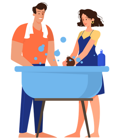 Happy parent washing their baby in the bathtub Illustration