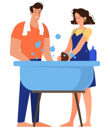 Happy parent washing their baby in the bathtub Illustration