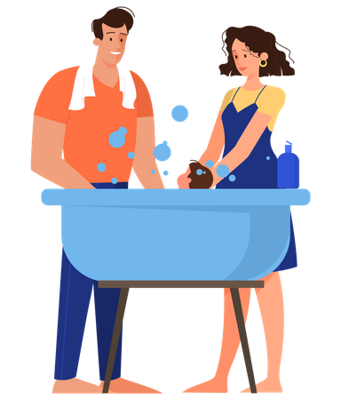 Happy parent washing their baby in the bathtub  Illustration