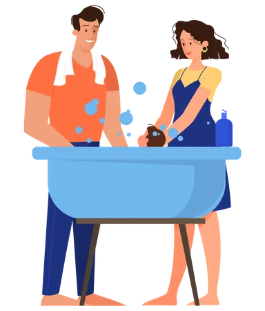 Happy parent washing their baby in the bathtub  Illustration