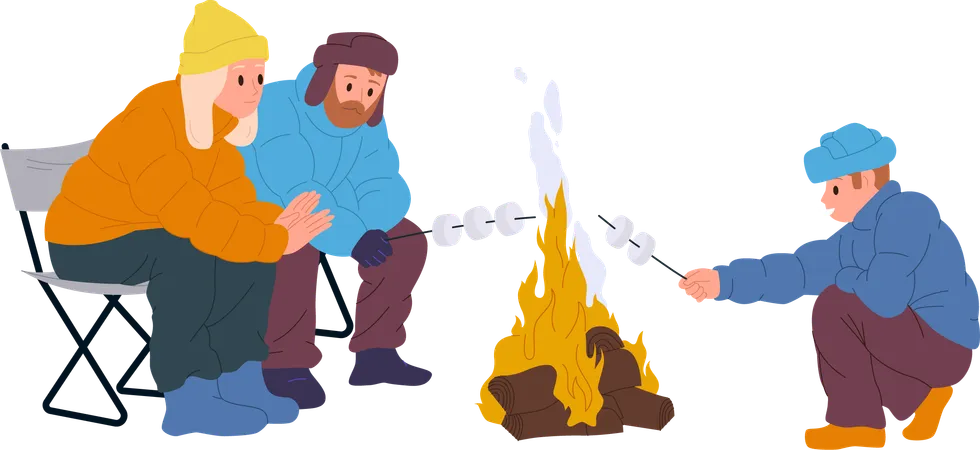 Happy  parents and son frying marshmallow on camp fire  Illustration