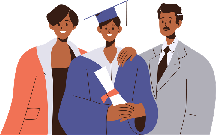 Happy parents and young graduated boy student standing together  Illustration