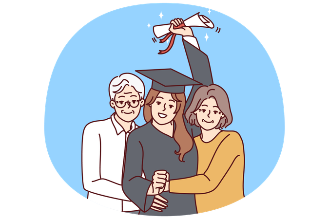 Happy parents hug happy girl graduate  Illustration
