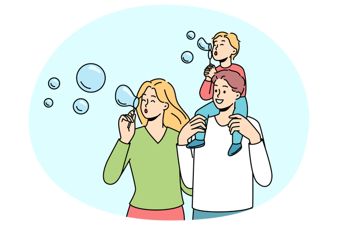 Happy parents with kid have fun together outdoors blowing bubbles  Illustration