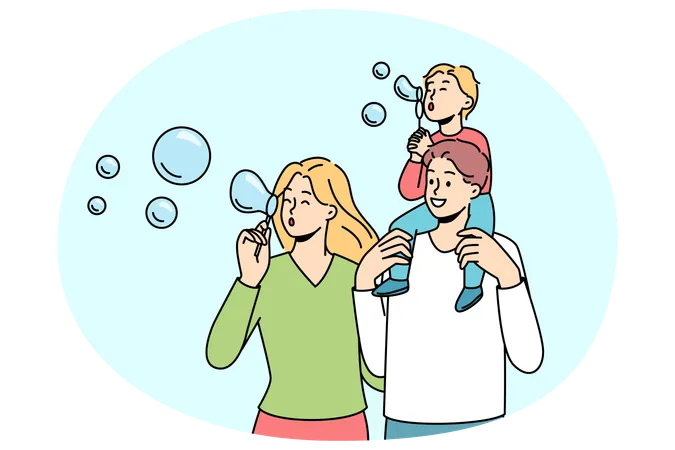 Happy parents with kid have fun together outdoors blowing bubbles  Illustration