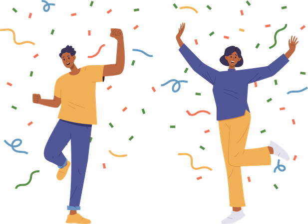 Happy partying man and woman jumping under confetti rain rejoicing celebrating  イラスト