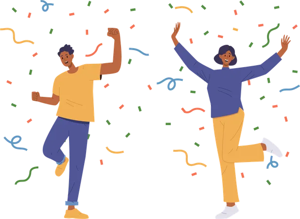 Happy partying man and woman jumping under confetti rain rejoicing celebrating  Illustration