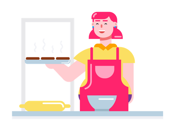 Happy patissier girl making cookies in her bakery  Illustration