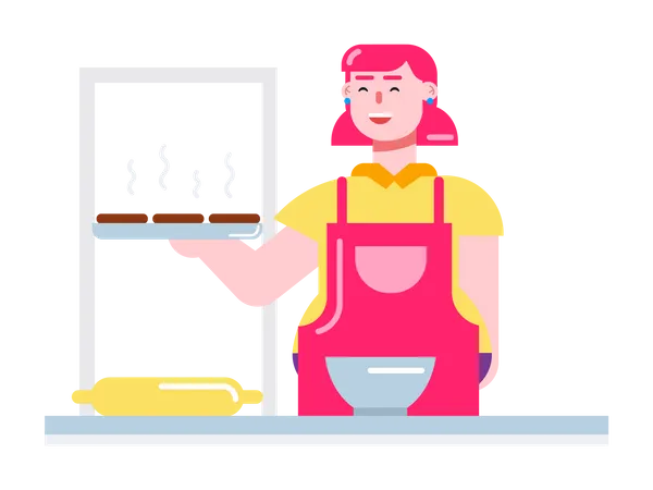 Happy patissier girl making cookies in her bakery  Illustration