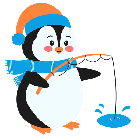 Happy Penguin Fishing  Illustration
